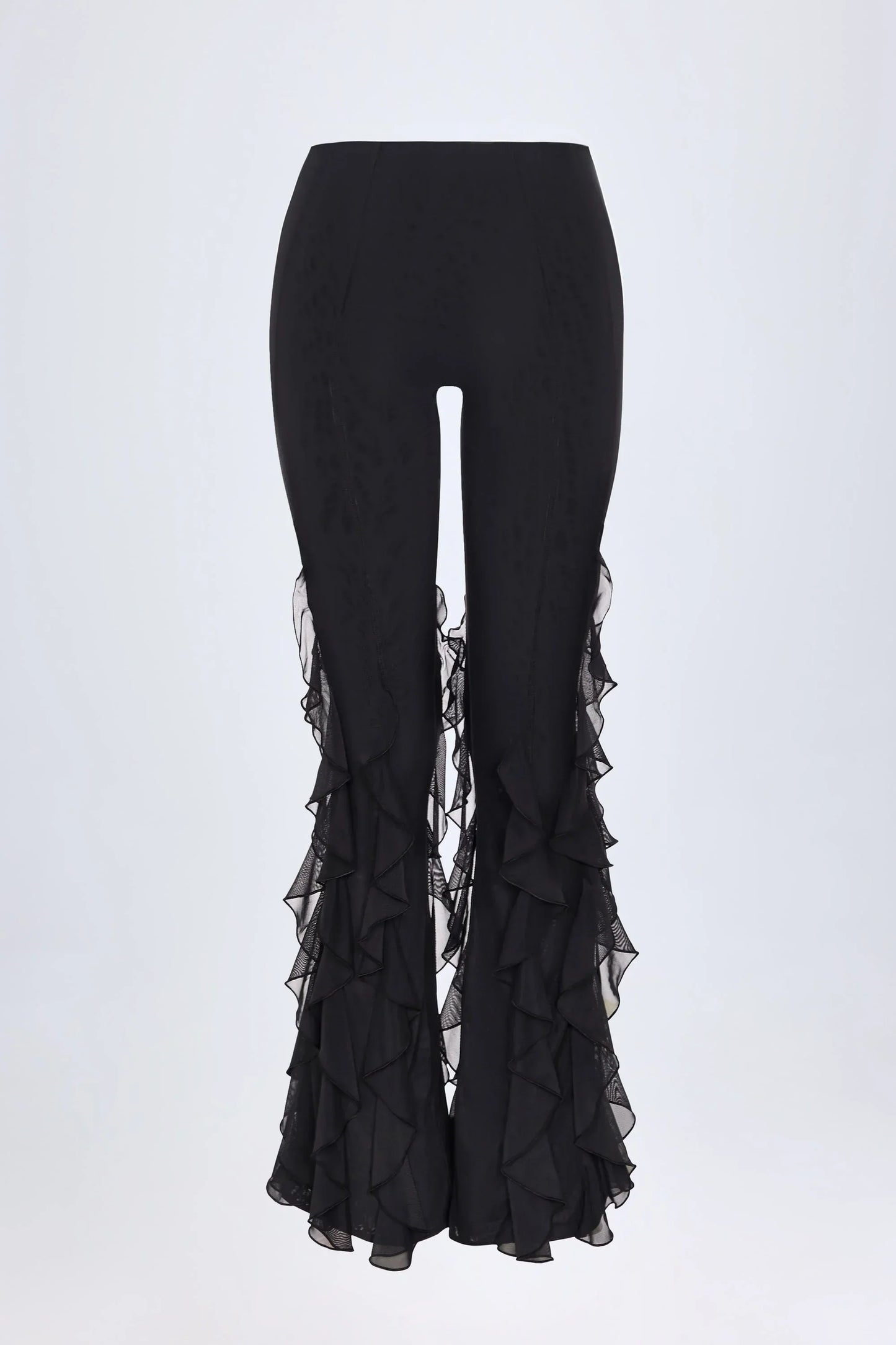 Ruffled Mid Rise Flared Trousers in Black