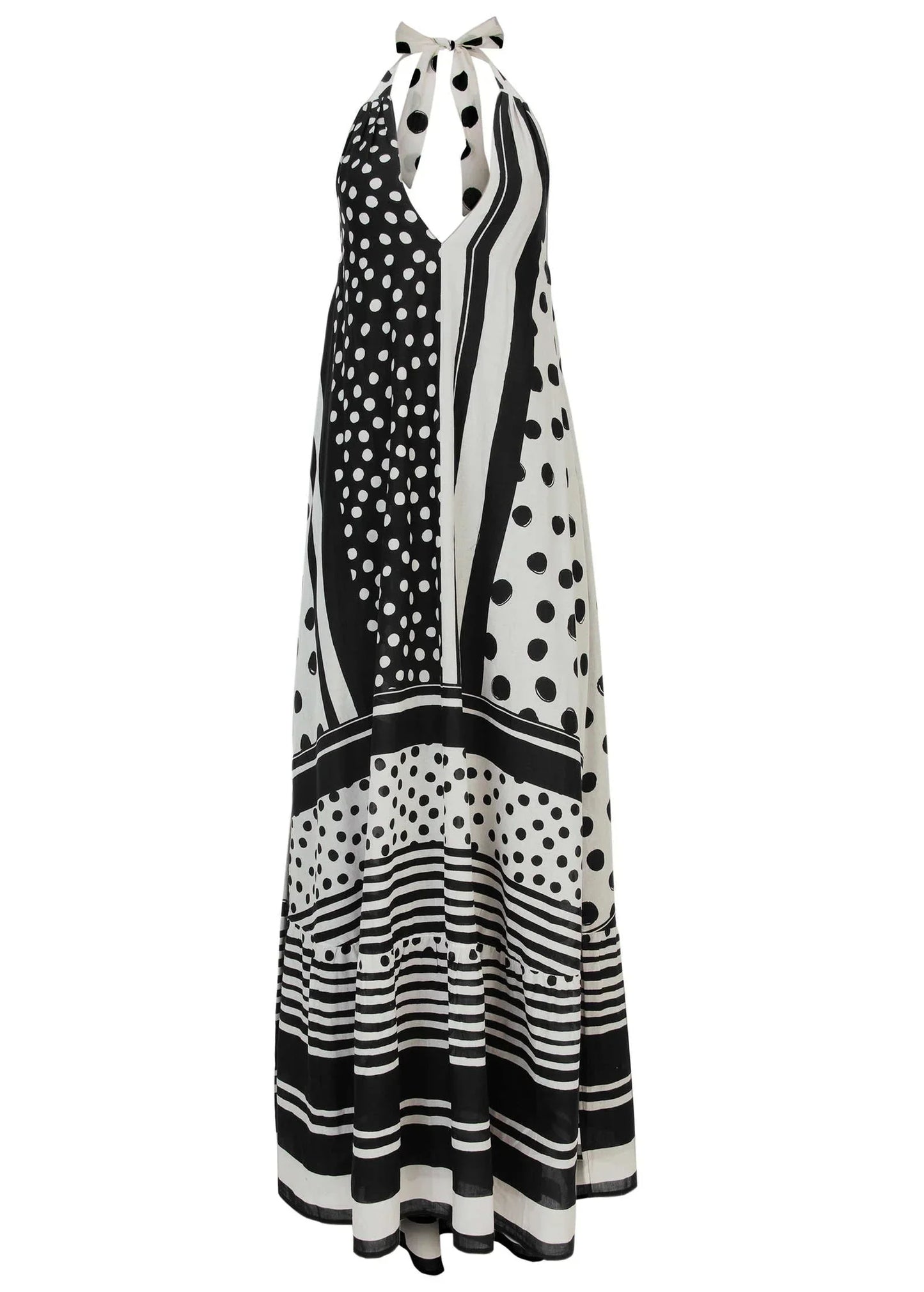 Deep V Halter Maxi Dress Modern Dot Stripe