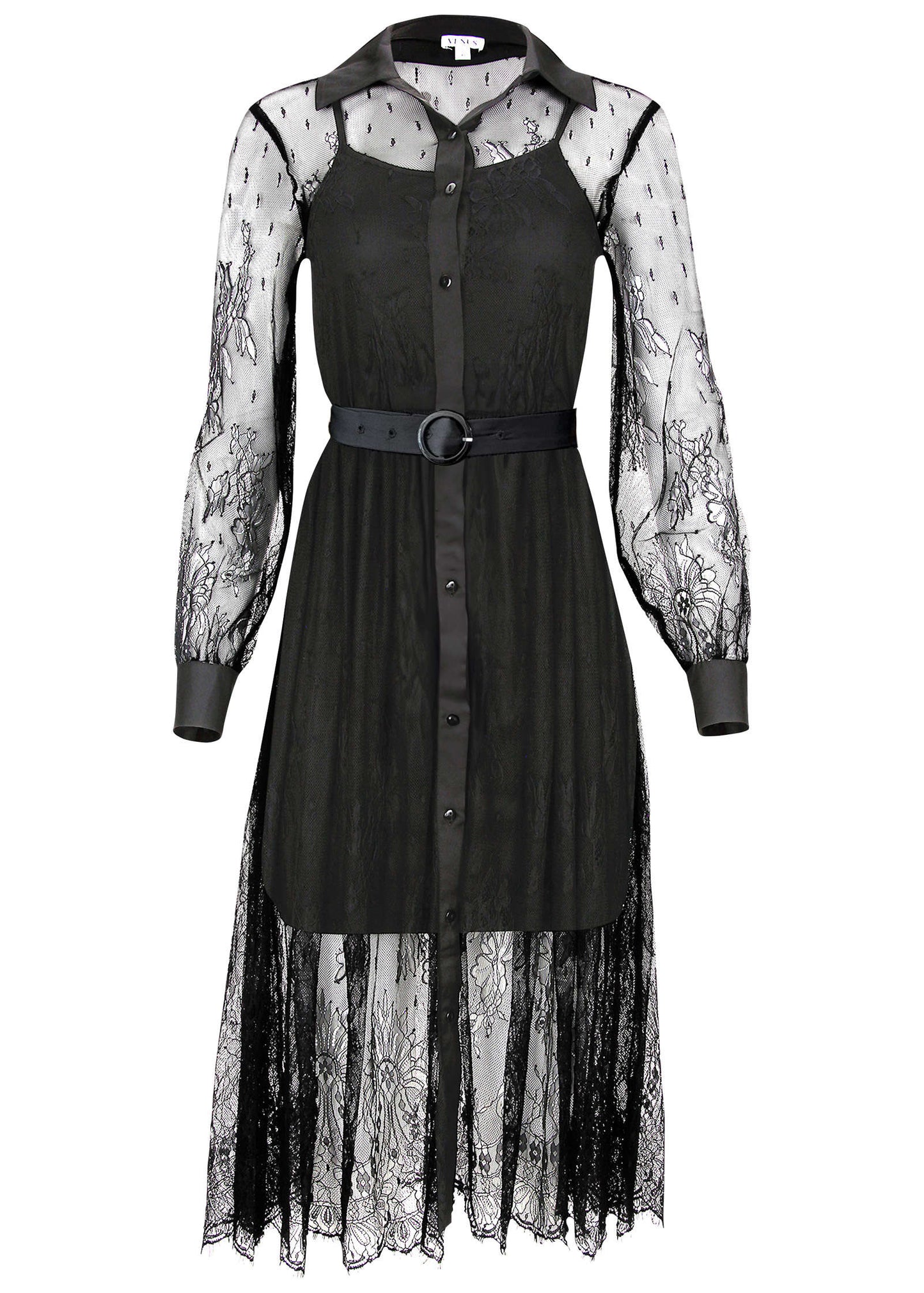 Lace Belted Midi Dress Jet Black