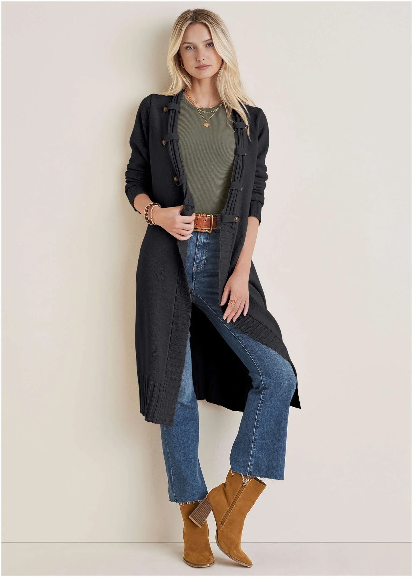 Button Detail Duster Jet Black