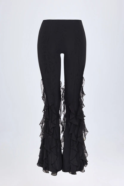 Ruffled Mid Rise Flared Trousers in Black