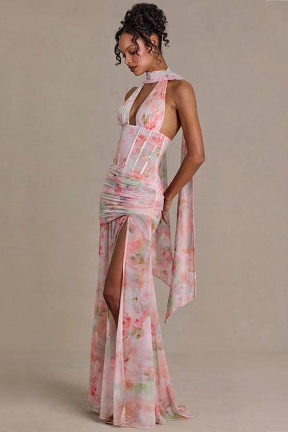Embellished Scarf Detail Maxi Dress in Pink Floral Print