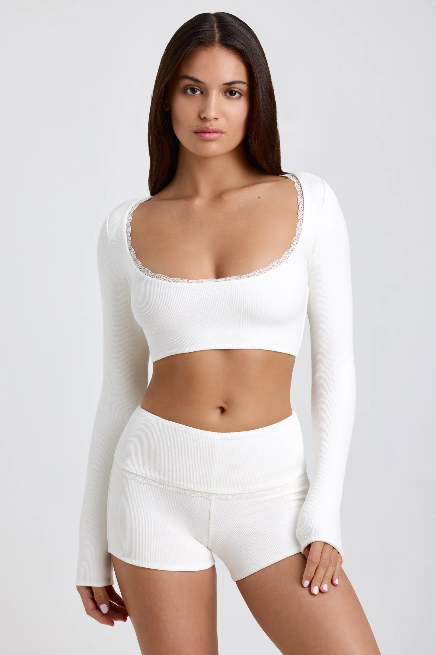 Ribbed Modal Lace Trim Crop Top in White