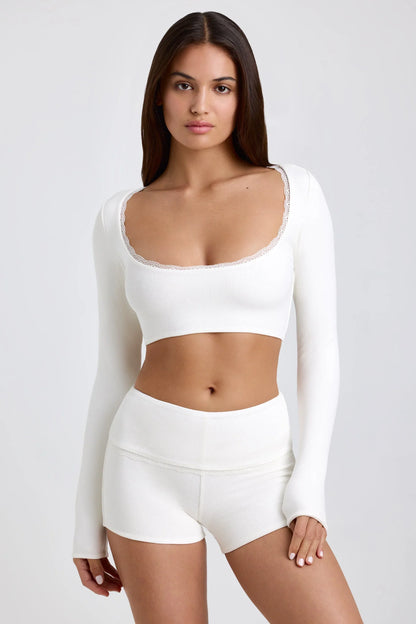 Ribbed Modal Lace Trim Crop Top in White