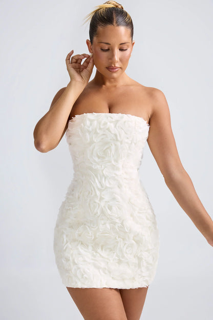 Floral Appliqué Bandeau A Line Mini Dress in White