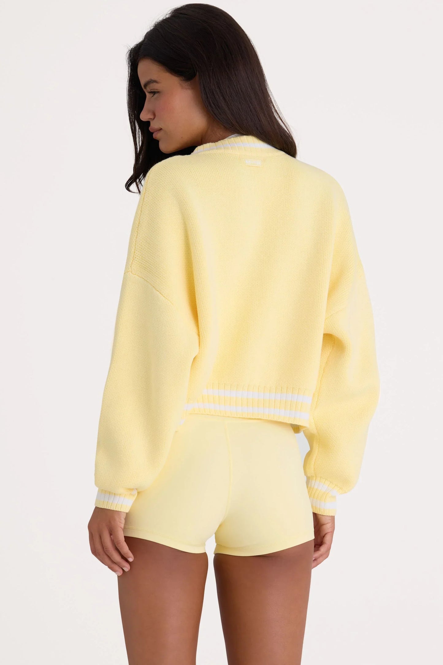 Button Up Cropped Knit Cardigan in Soft Yellow