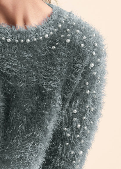 Cozy Pearl Trim Sweater Grey Multi