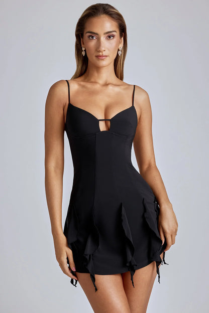 Ruffle A Line Mini Dress in Black