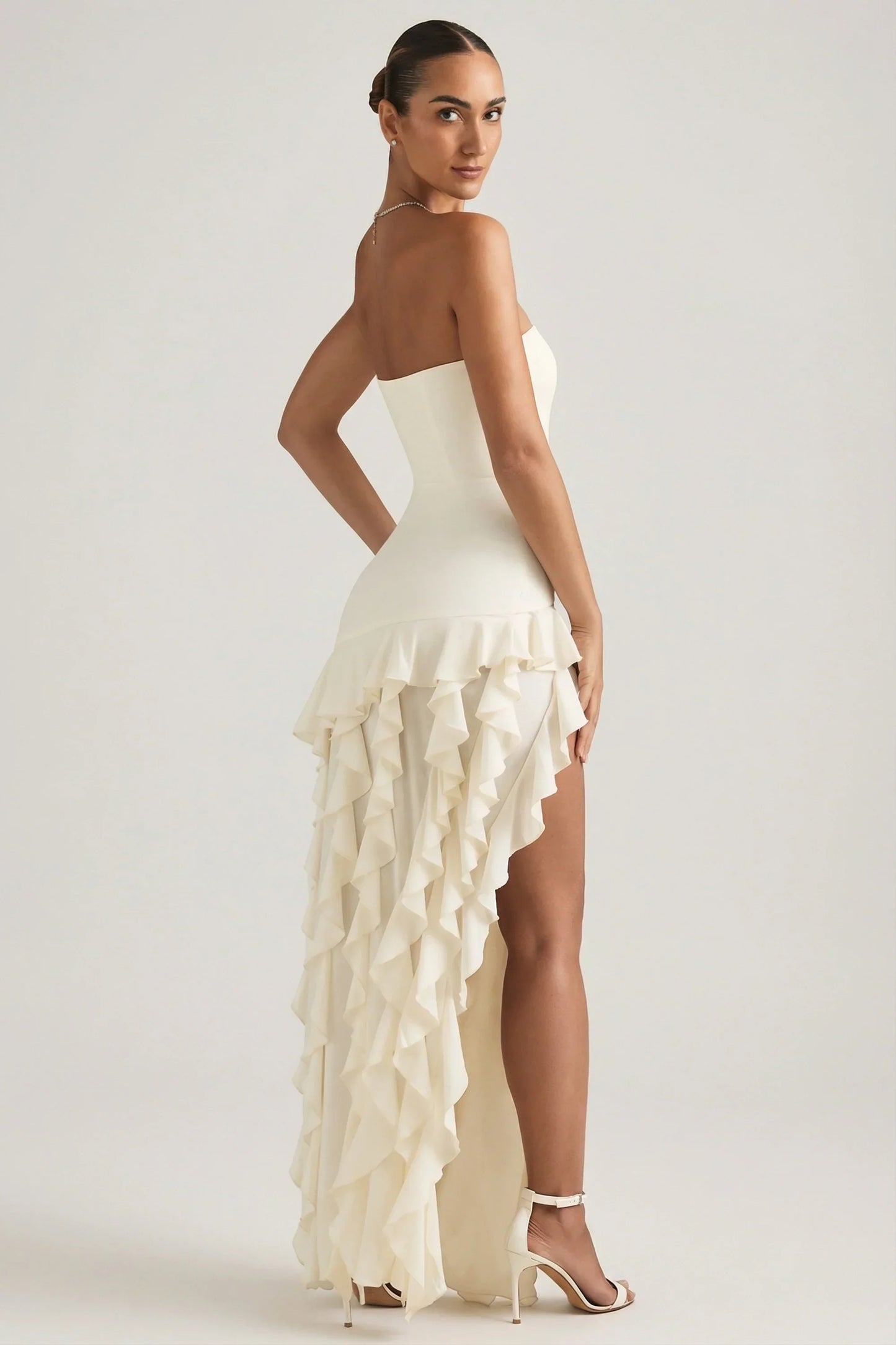 Ruffle Trim Strapless Gown in Ivory
