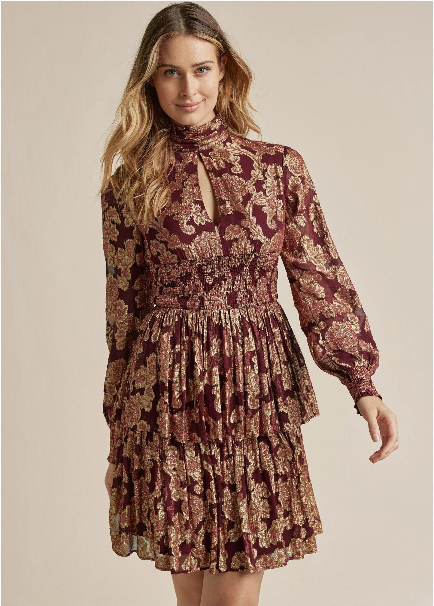 Smocked Waist Jaquard Mini Dress Wine Gold