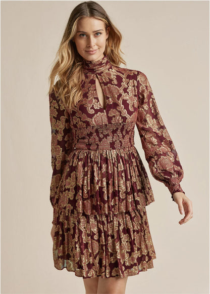 Smocked Waist Jaquard Mini Dress Wine Gold