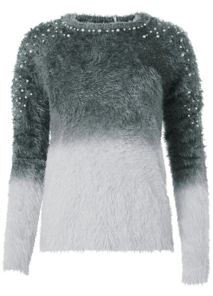 Cozy Pearl Trim Sweater Grey Multi