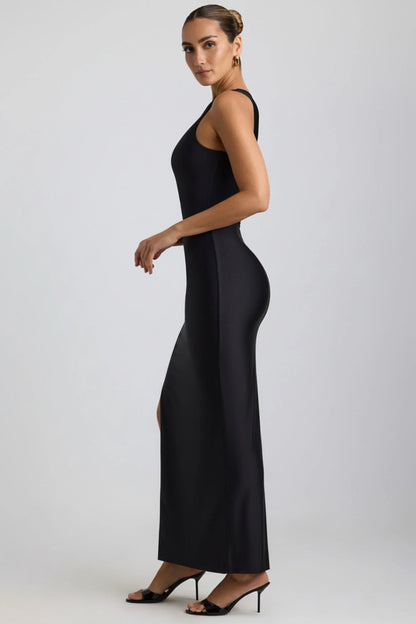 Ruched Asymmetric One Shoulder Maxi Dress in Black