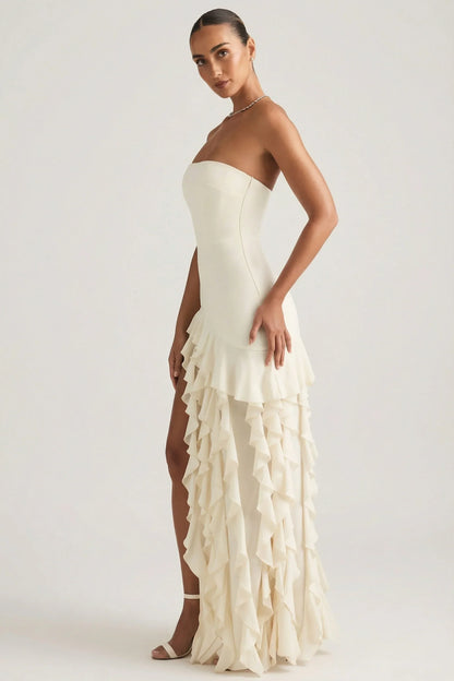 Ruffle Trim Strapless Gown in Ivory