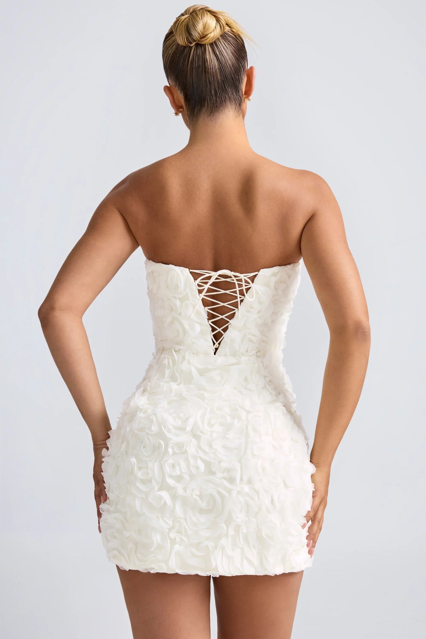 Floral Appliqué Bandeau A Line Mini Dress in White