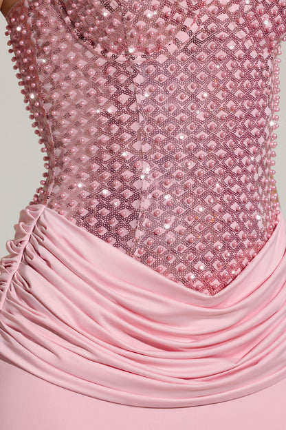 Embellished Corset Maxi Dress in Blush Pink