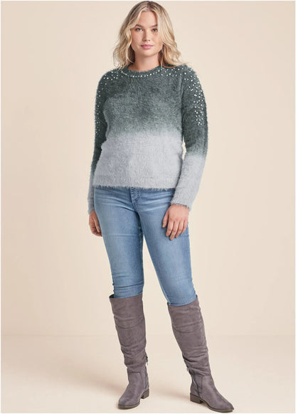 Cozy Pearl Trim Sweater Grey Multi