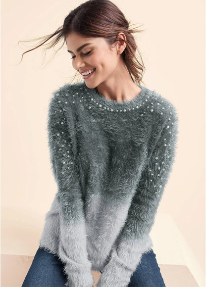 Cozy Pearl Trim Sweater Grey Multi
