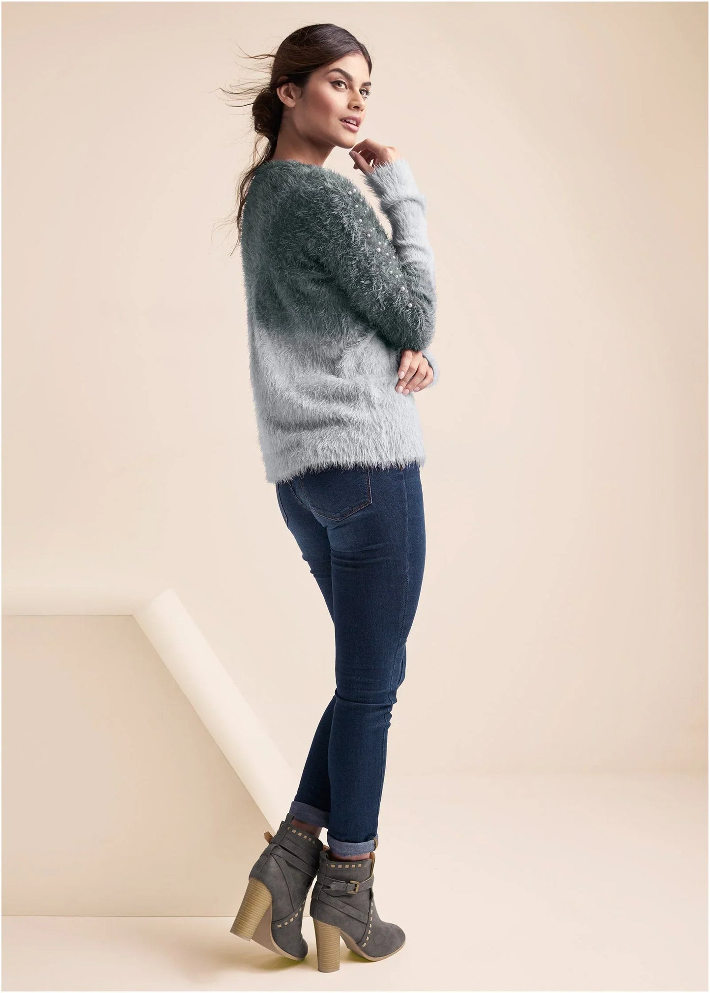 Cozy Pearl Trim Sweater Grey Multi