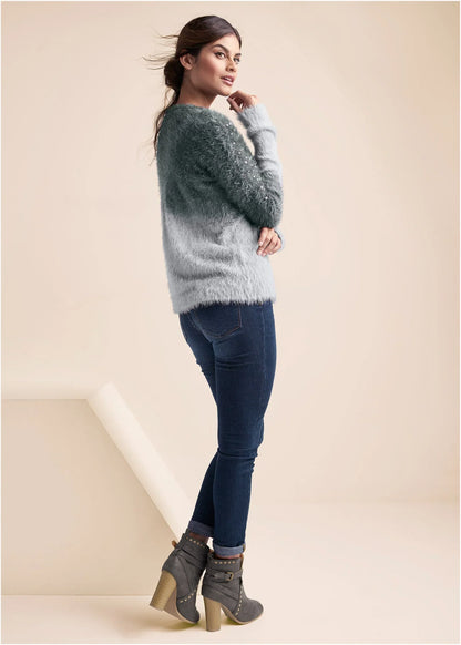 Cozy Pearl Trim Sweater Grey Multi