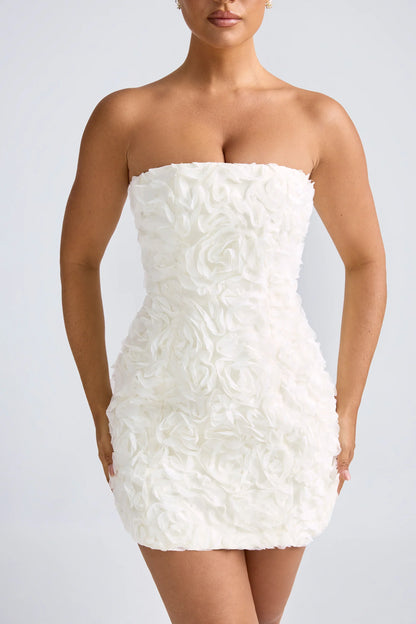 Floral Appliqué Bandeau A Line Mini Dress in White
