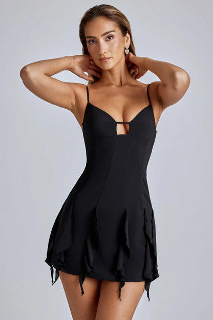 Ruffle A Line Mini Dress in Black