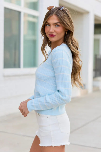 Riley Blue Stripe Lace Trim Sweater