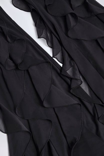 Ruffled Mid Rise Flared Trousers in Black