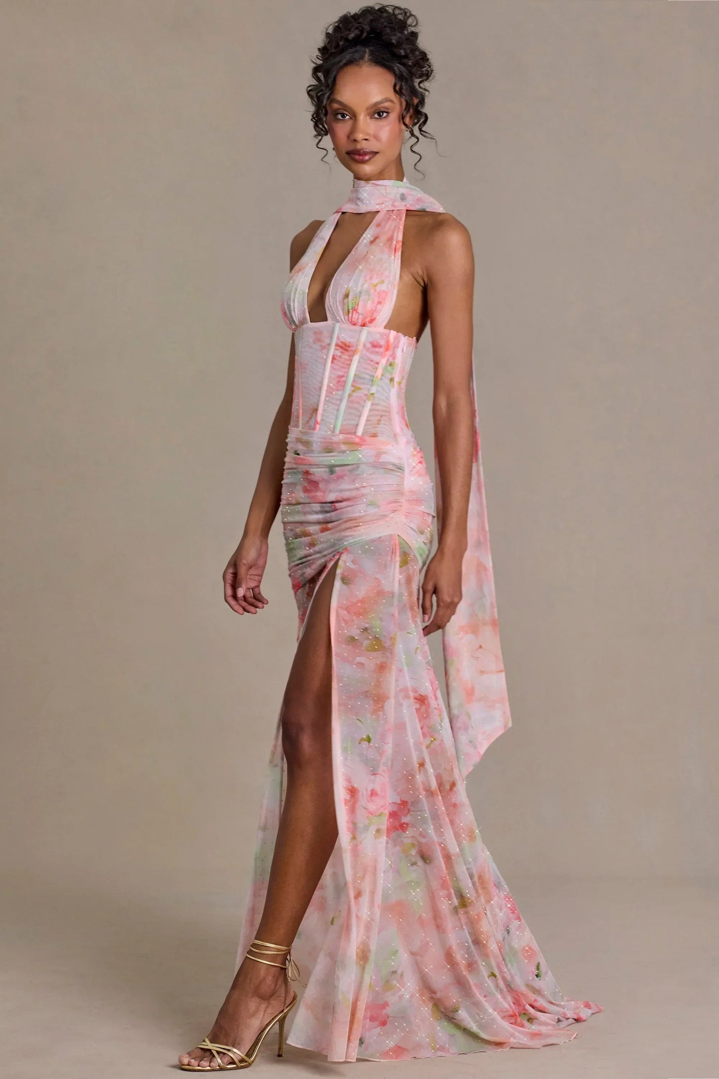 Embellished Scarf Detail Maxi Dress in Pink Floral Print