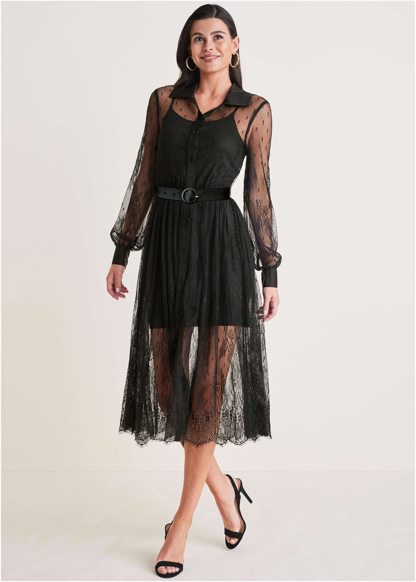 Lace Belted Midi Dress Jet Black