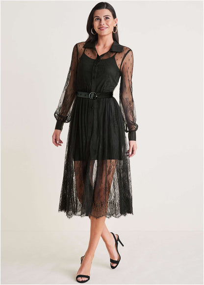 Lace Belted Midi Dress Jet Black