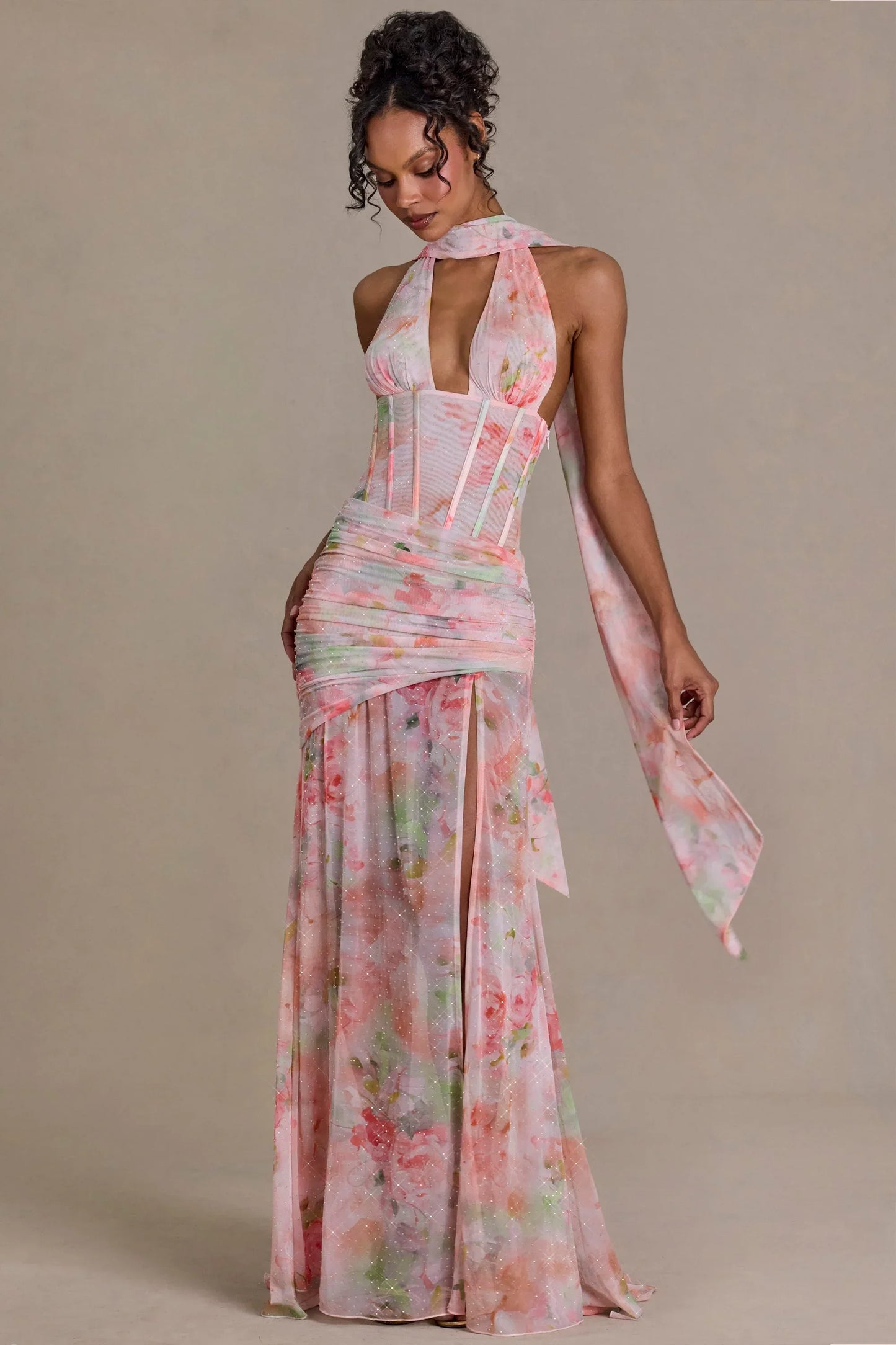 Embellished Scarf Detail Maxi Dress in Pink Floral Print