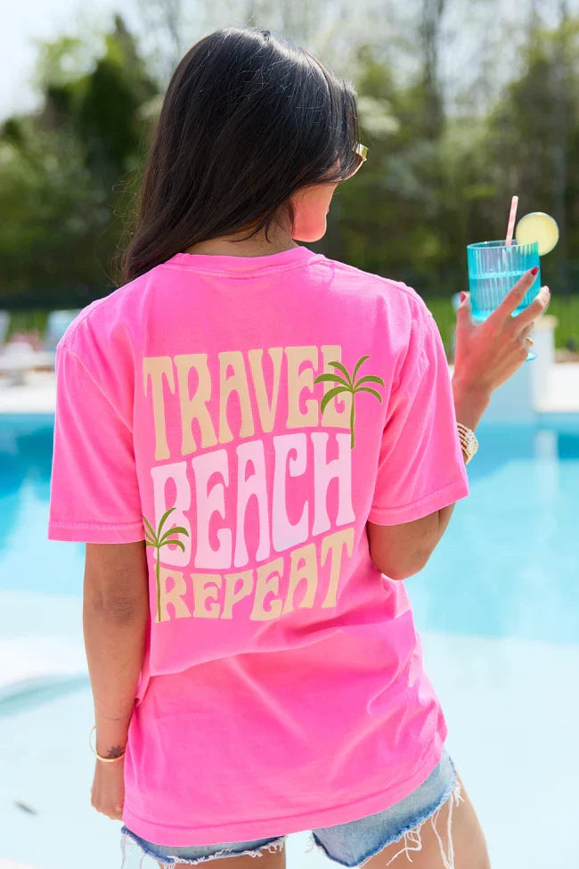 Travel Beach Repeat Neon Pink Graphic Tee
