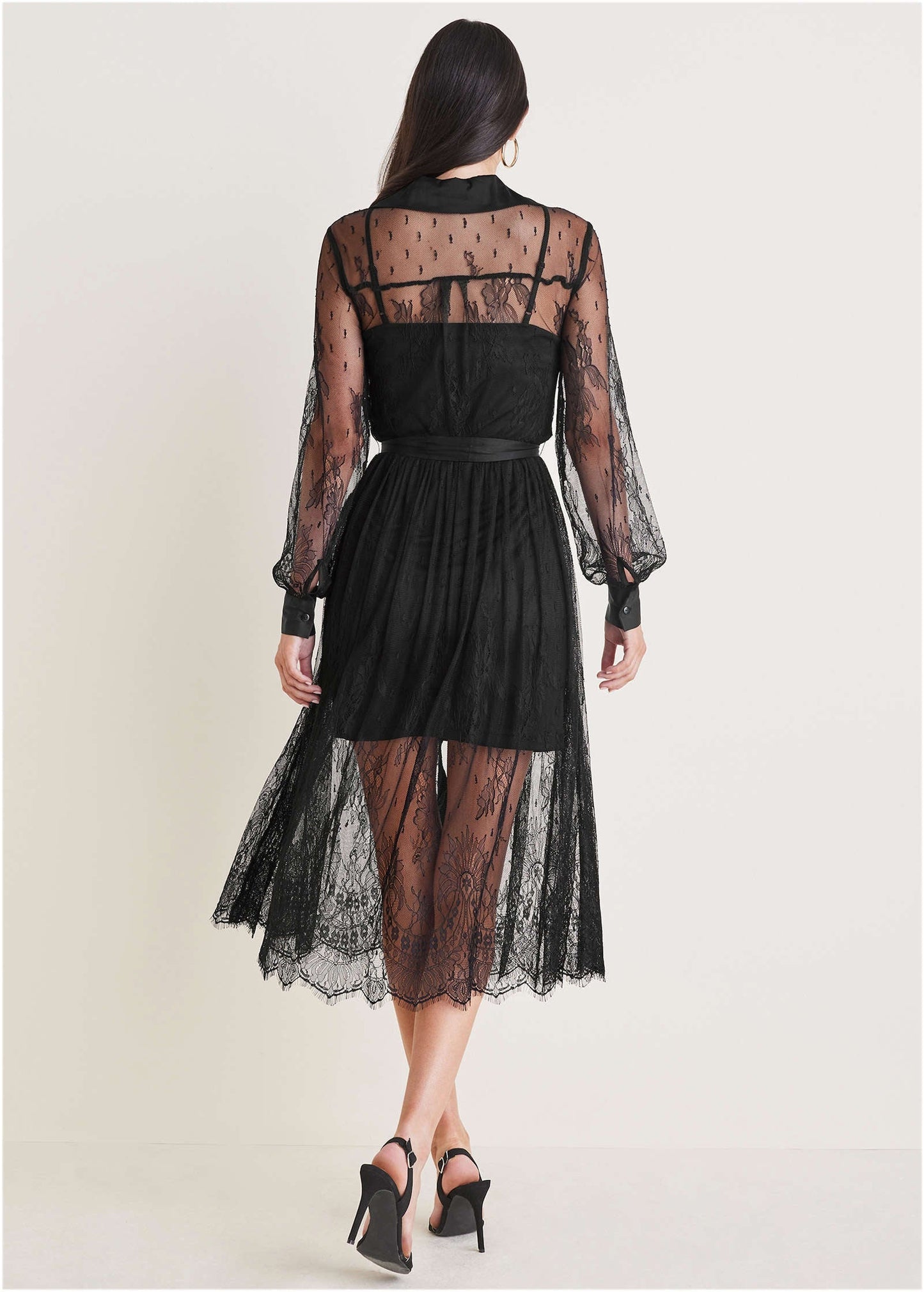 Lace Belted Midi Dress Jet Black