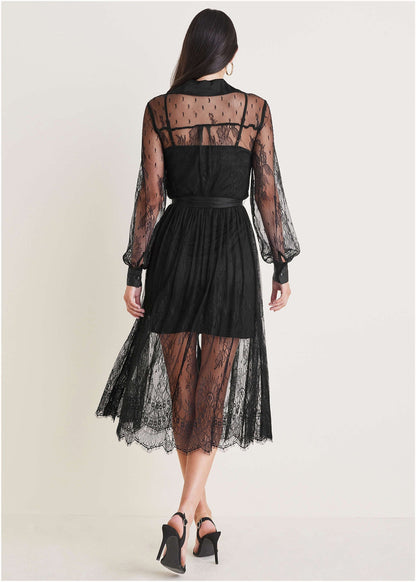 Lace Belted Midi Dress Jet Black