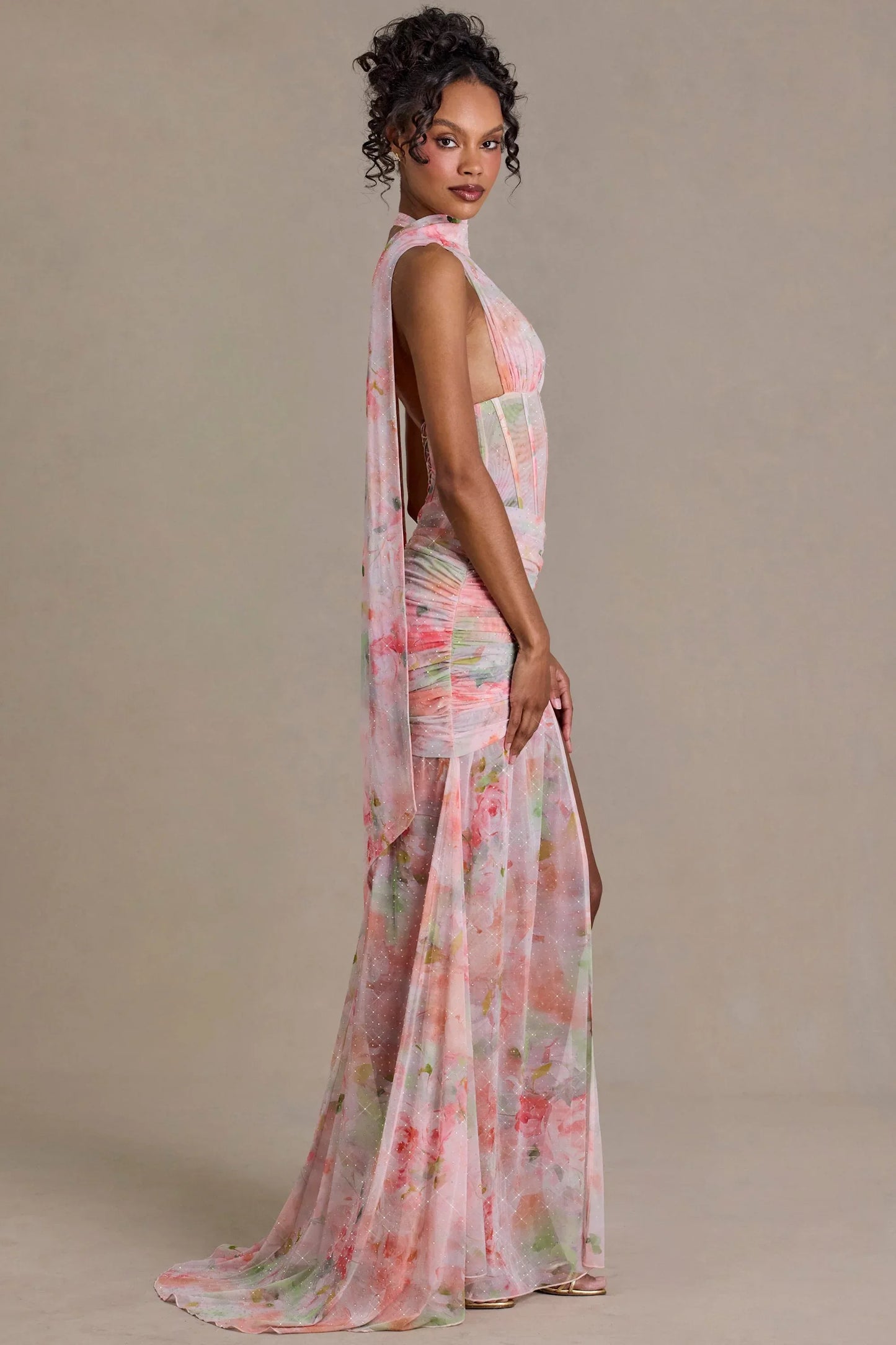 Embellished Scarf Detail Maxi Dress in Pink Floral Print