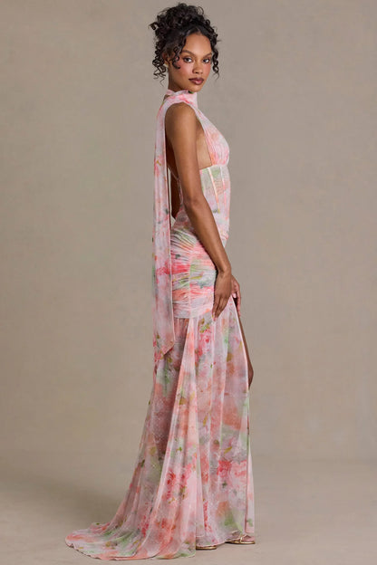 Embellished Scarf Detail Maxi Dress in Pink Floral Print