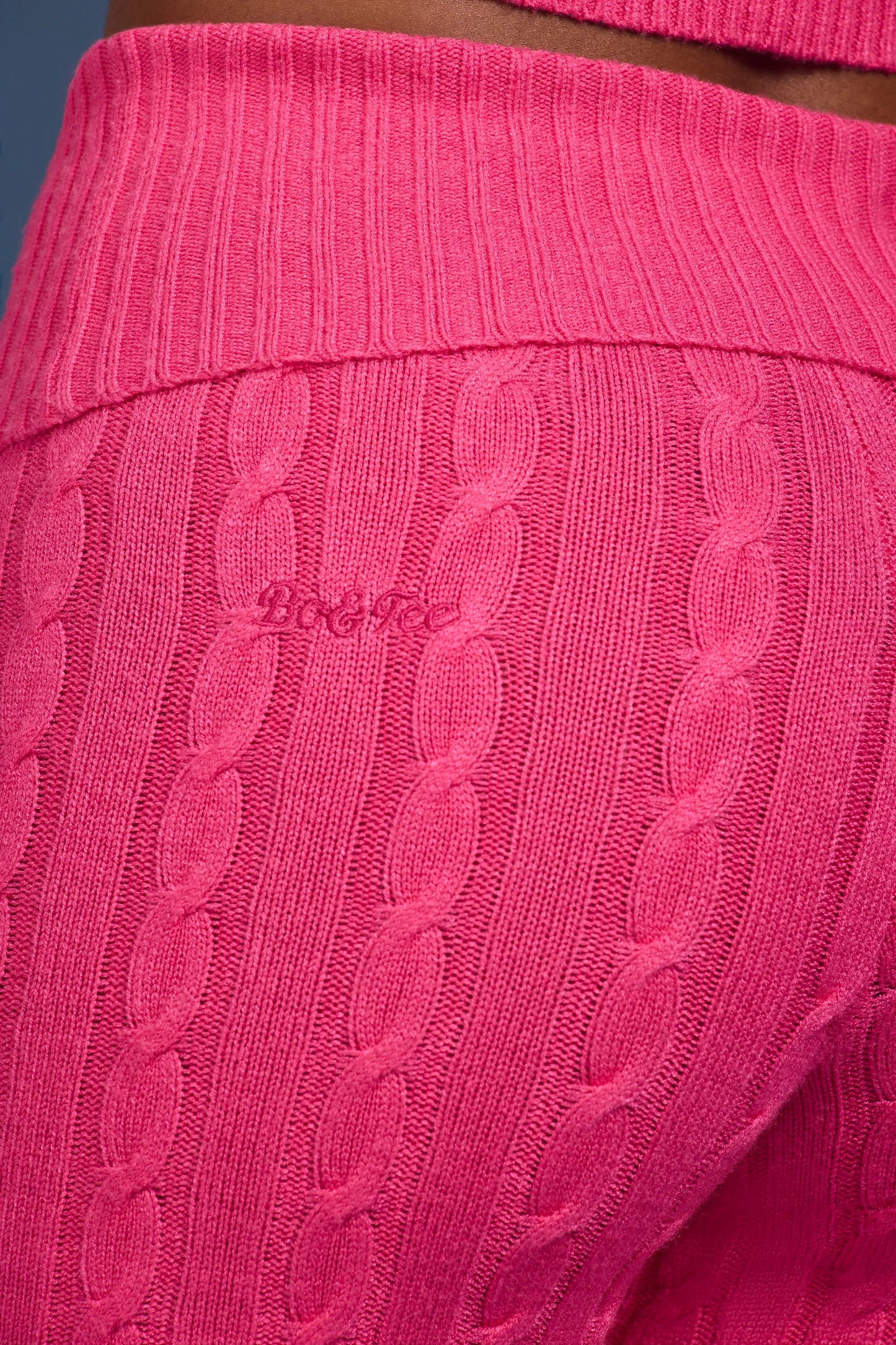Cable Knit Foldover Flared Trousers in Hot Pink