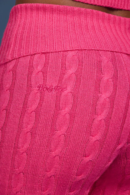 Cable Knit Foldover Flared Trousers in Hot Pink