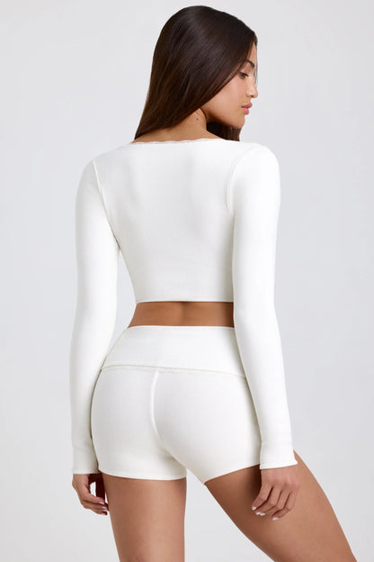 Ribbed Modal Lace Trim Crop Top in White