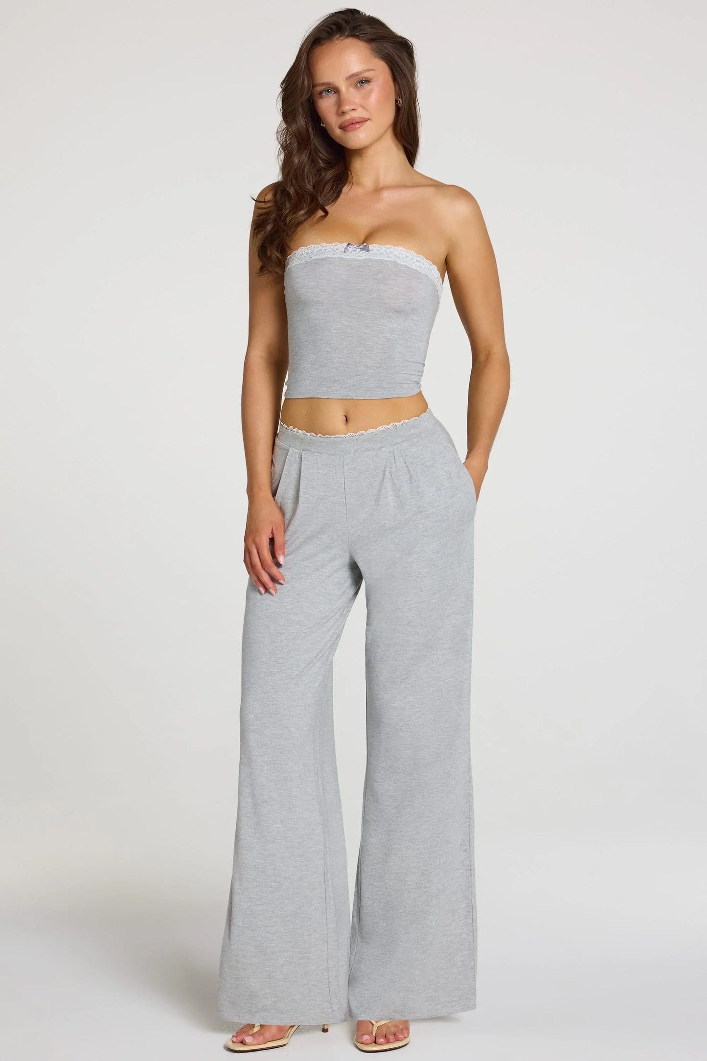 Modal Mid Rise Wide Leg Trousers in Grey Marl