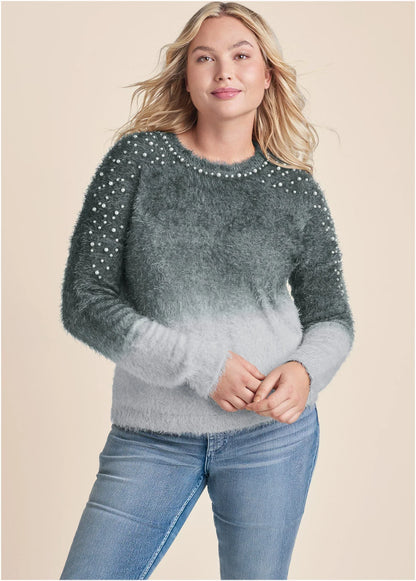 Cozy Pearl Trim Sweater Grey Multi