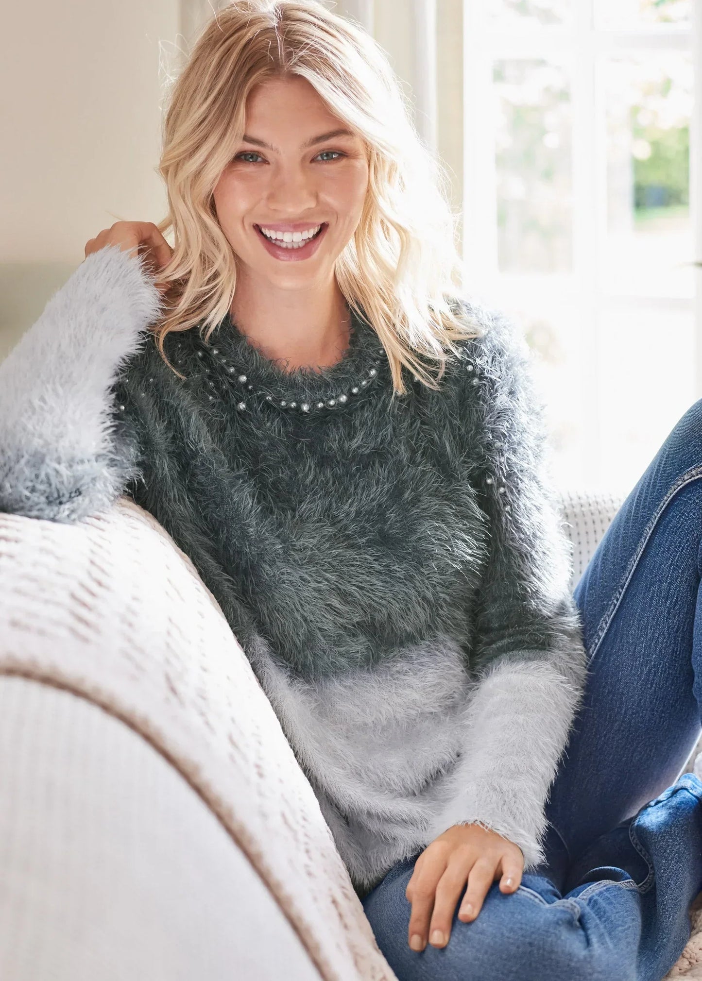 Cozy Pearl Trim Sweater Grey Multi