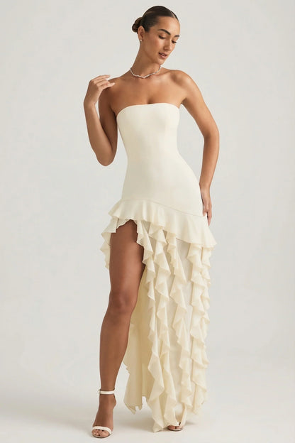 Ruffle Trim Strapless Gown in Ivory