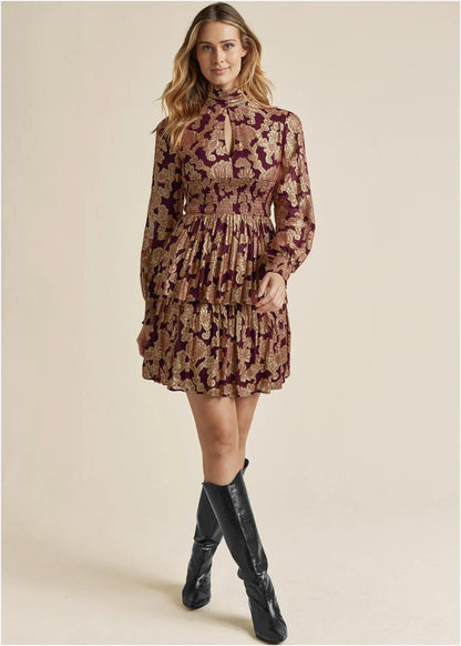 Smocked Waist Jaquard Mini Dress Wine Gold