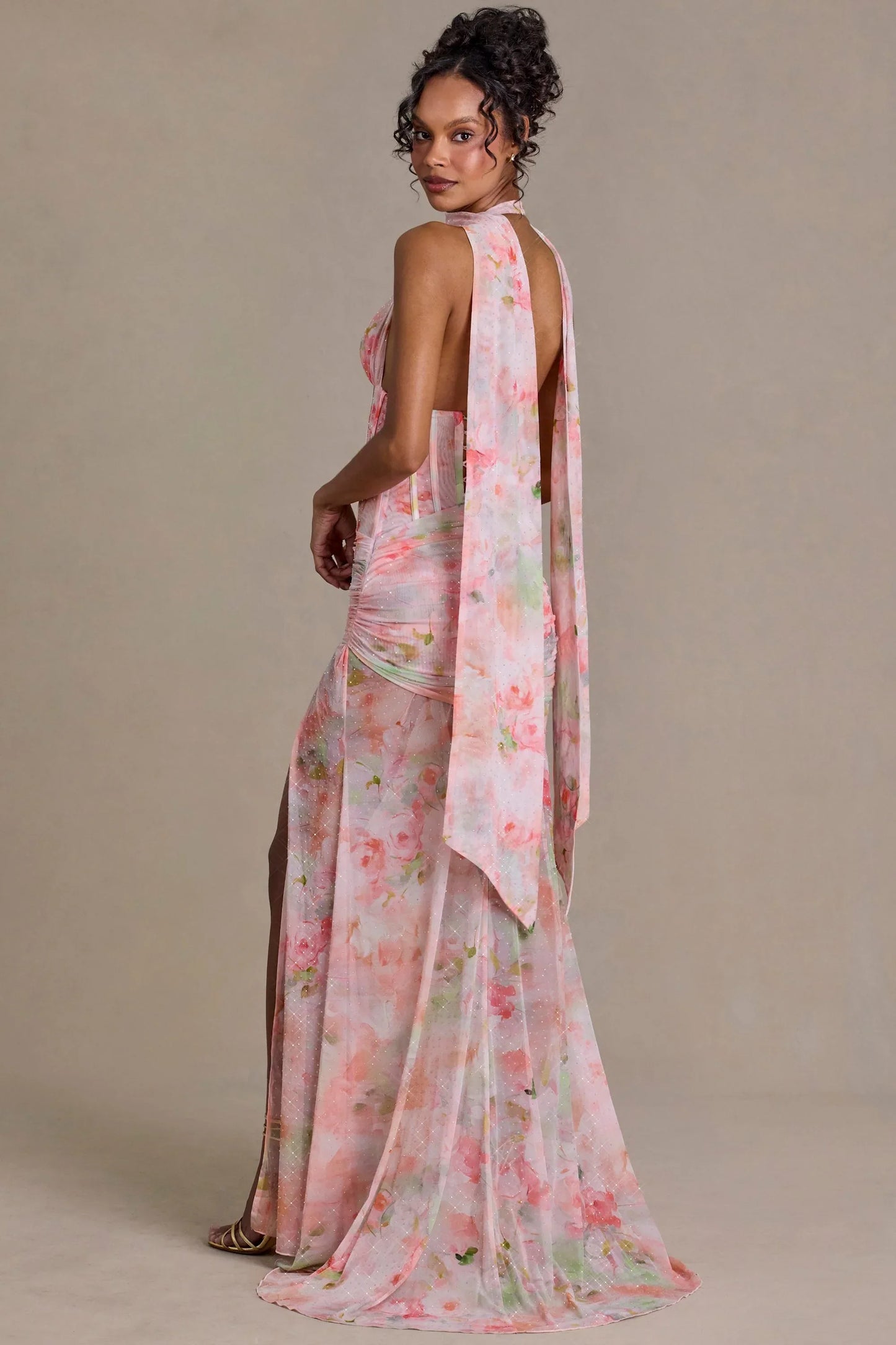 Embellished Scarf Detail Maxi Dress in Pink Floral Print