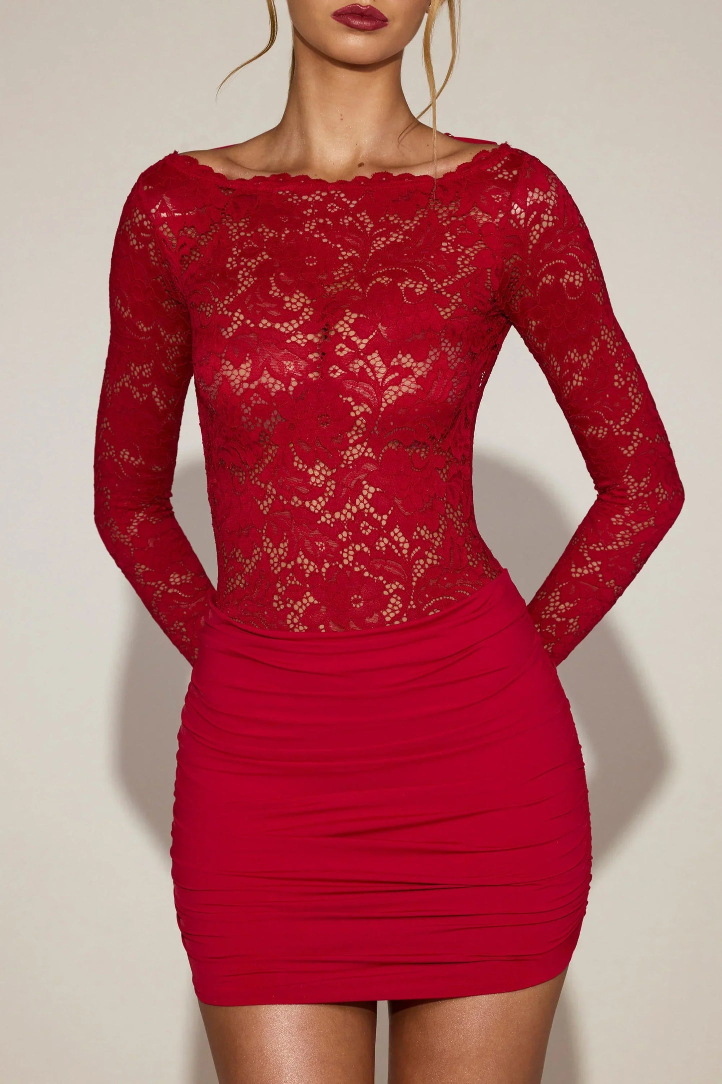 Sheer Lace Boat Neck Mini Dress in True Red