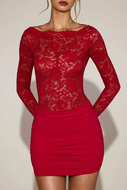 Sheer Lace Boat Neck Mini Dress in True Red