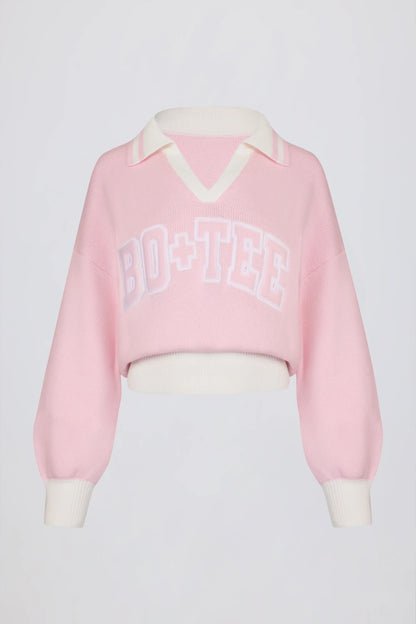 Cotton Jersey Oversized V Neck Jumper in Powder Pink