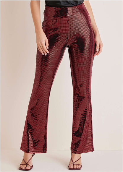 Sequin Flare Leg Pants Red Black
